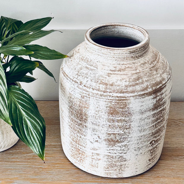 Distressed White-Washed Terracotta Vase - Hygge SHORES