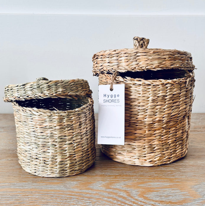 Seagrass Drum Baskets with Lid - Set of 2 - Hygge SHORES